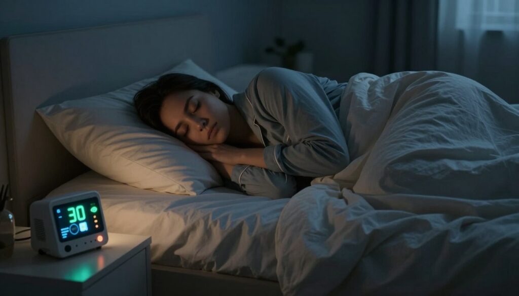 A serene bedroom scene illuminated by soft, dim lighting, depicting a peaceful sleeping person in modest pajamas. The foreground features a bedside table with a small, glowing oxygen monitor displaying oxygen saturation levels. In the middle, a comfortable bed with crumpled sheets, and a gentle, breathable blanket draped over the sleeper. The background shows a subtly darkened room that conveys a moody atmosphere, with shadows playing on the walls to evoke a sense of mystery and the unseen challenges of nighttime oxygen levels. The angle is slightly tilted downwards, capturing the bedside, the sleeper, and the monitor in a harmonious composition. The image should evoke a feeling of calm introspection, highlighting the importance of unseen health issues during sleep. A serene bedroom scene illuminated by soft, dim lighting, depicting a peaceful sleeping person in modest pajamas. The foreground features a bedside table with a small, glowing oxygen monitor displaying oxygen saturation levels. In the middle, a comfortable bed with crumpled sheets, and a gentle, breathable blanket draped over the sleeper. The background shows a subtly darkened room that conveys a moody atmosphere, with shadows playing on the walls to evoke a sense of mystery and the unseen challenges of nighttime oxygen levels. The angle is slightly tilted downwards, capturing the bedside, the sleeper, and the monitor in a harmonious composition. The image should evoke a feeling of calm introspection, highlighting the importance of unseen health issues during sleep.