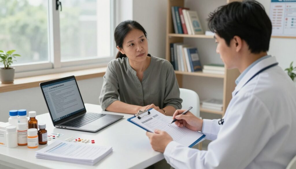 A serene clinic setting focused on thrombosis treatment, featuring a well-organized desk with prescription medications, pamphlets, and a laptop displaying guidelines for pharmacotherapy. In the foreground, a healthcare professional in a clean white coat, holding a clipboard and discussing treatment options with a patient, who is dressed modestly. The middle ground includes a window with soft, natural lighting filtering in, providing a calm atmosphere. In the background, shelves are lined with medical books and informative charts about anticoagulants and their role in managing thrombosis. The mood is professional and supportive, highlighting the importance of medical advice in patient care. Opt for a slightly elevated angle to capture both the interaction and the organized space effectively. A serene clinic setting focused on thrombosis treatment, featuring a well-organized desk with prescription medications, pamphlets, and a laptop displaying guidelines for pharmacotherapy. In the foreground, a healthcare professional in a clean white coat, holding a clipboard and discussing treatment options with a patient, who is dressed modestly. The middle ground includes a window with soft, natural lighting filtering in, providing a calm atmosphere. In the background, shelves are lined with medical books and informative charts about anticoagulants and their role in managing thrombosis. The mood is professional and supportive, highlighting the importance of medical advice in patient care. Opt for a slightly elevated angle to capture both the interaction and the organized space effectively.