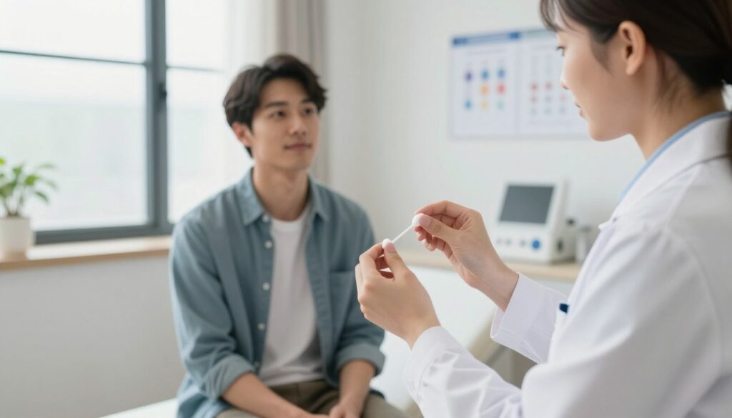 A serene clinical setting depicting a healthcare professional in a crisp white lab coat, preparing to take a cheek swab from a patient sitting comfortably in a modern examination room. The foreground shows the hands of the professional gently holding a cotton swab, illuminated by soft, natural light filtering through a large window. In the middle, the patient, dressed in casual yet modest clothing, displays a calm expression, contributing to a reassuring atmosphere. The background features medical equipment and charts on the walls, enhancing the sense of professionalism and care. The overall mood is calm and sterile, emphasizing the importance of diagnostic testing in a cozy yet clinical environment, with clear focus on the procedures taking place. A serene clinical setting depicting a healthcare professional in a crisp white lab coat, preparing to take a cheek swab from a patient sitting comfortably in a modern examination room. The foreground shows the hands of the professional gently holding a cotton swab, illuminated by soft, natural light filtering through a large window. In the middle, the patient, dressed in casual yet modest clothing, displays a calm expression, contributing to a reassuring atmosphere. The background features medical equipment and charts on the walls, enhancing the sense of professionalism and care. The overall mood is calm and sterile, emphasizing the importance of diagnostic testing in a cozy yet clinical environment, with clear focus on the procedures taking place.