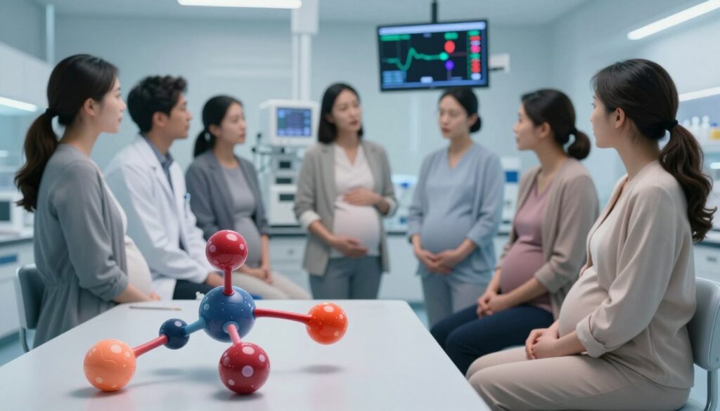 A serene clinical setting focused on a visual representation of D-dimer levels during pregnancy. In the foreground, a detailed and colorful 3D rendering of a D-dimer molecule structure, emphasizing its significance in blood coagulation. The middle ground features a diverse group of pregnant women, dressed in professional business attire, engaged in discussion, symbolizing the medical aspect of D-dimer testing. The background showcases a modern medical laboratory with advanced equipment and monitors displaying D-dimer levels, bathed in soft, diffused lighting to create a calm atmosphere. The overall mood is informative and professional, enhancing comprehension of the topic while visualizing the unique context of D-dimer results in pregnancy.
