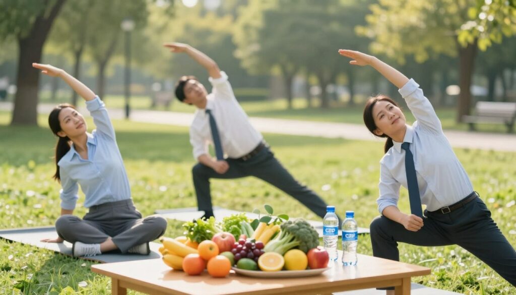 A serene, health-focused image illustrating the impact of lifestyle on C-reactive protein (CRP) levels. In the foreground, a diverse group of three individuals in professional business attire engage in light exercise, such as yoga or morning stretching, reflecting a healthy lifestyle. In the middle ground, a table with fresh fruits, vegetables, and water symbolizes nutrition and hydration, essential factors affecting CRP levels. The background features a tranquil park scene bathed in soft, natural sunlight, enhancing the overall atmosphere of well-being and vitality. The angle of the image should provide a slightly elevated viewpoint, capturing both the individuals and the nourishing foods. Overall, the image conveys a message of harmony between lifestyle choices and health outcomes, encouraging positivity and vitality. A serene, health-focused image illustrating the impact of lifestyle on C-reactive protein (CRP) levels. In the foreground, a diverse group of three individuals in professional business attire engage in light exercise, such as yoga or morning stretching, reflecting a healthy lifestyle. In the middle ground, a table with fresh fruits, vegetables, and water symbolizes nutrition and hydration, essential factors affecting CRP levels. The background features a tranquil park scene bathed in soft, natural sunlight, enhancing the overall atmosphere of well-being and vitality. The angle of the image should provide a slightly elevated viewpoint, capturing both the individuals and the nourishing foods. Overall, the image conveys a message of harmony between lifestyle choices and health outcomes, encouraging positivity and vitality.