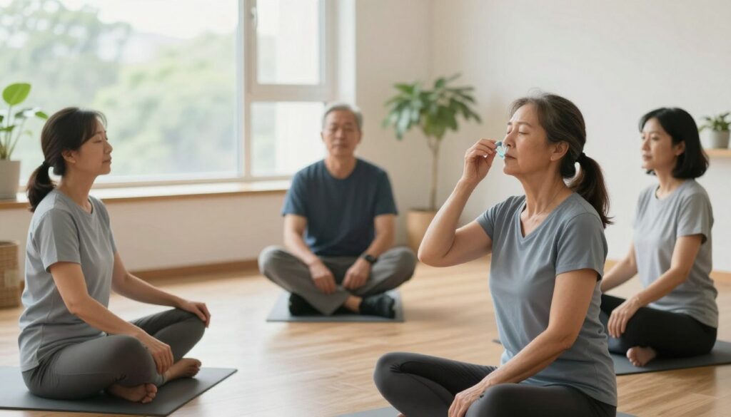 A serene healthcare environment showcasing a diverse group of adults practicing breathing techniques to improve oxygen saturation. In the foreground, a middle-aged woman in professional athletic wear demonstrates a deep breathing exercise, with a focused expression. The middle section captures two men and a woman seated in a circle, each with calm postures, engaging in a guided breathing session. Soft, natural light emanates from a large window in the background, illuminating the scene and enhancing the tranquil atmosphere. The walls of the room are adorned with plants, contributing to a sense of calm and wellness. The overall mood is peaceful, emphasizing health and well-being, with an emphasis on the importance of proper breathing for oxygenation. A serene healthcare environment showcasing a diverse group of adults practicing breathing techniques to improve oxygen saturation. In the foreground, a middle-aged woman in professional athletic wear demonstrates a deep breathing exercise, with a focused expression. The middle section captures two men and a woman seated in a circle, each with calm postures, engaging in a guided breathing session. Soft, natural light emanates from a large window in the background, illuminating the scene and enhancing the tranquil atmosphere. The walls of the room are adorned with plants, contributing to a sense of calm and wellness. The overall mood is peaceful, emphasizing health and well-being, with an emphasis on the importance of proper breathing for oxygenation.