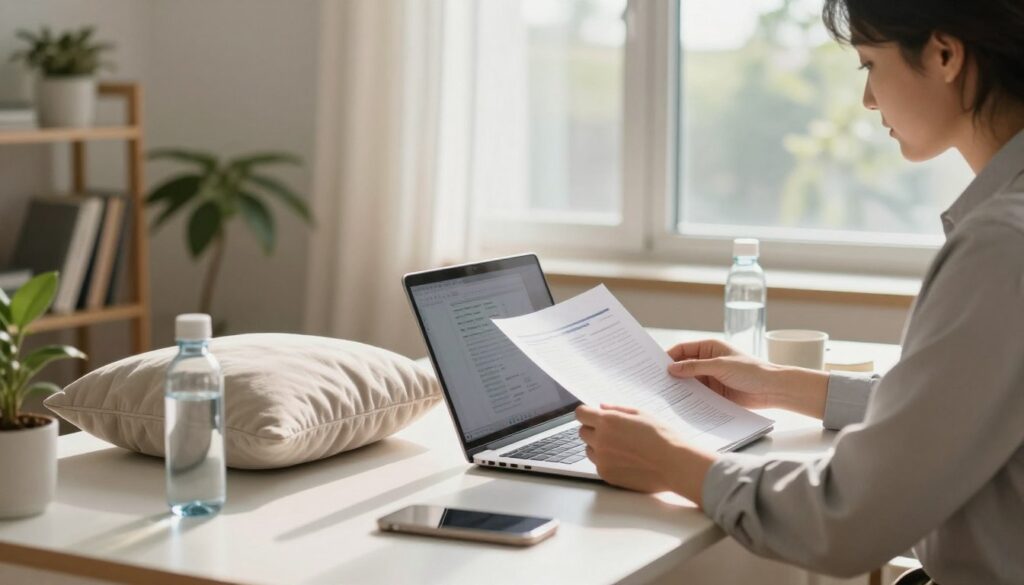 A serene home office scene embodying the concept of remote work during recovery from thrombosis. In the foreground, a person in professional business attire sits at a well-organized desk, examining medical materials on a laptop. A supportive cushion and a water bottle are visible, emphasizing comfort and health. In the middle, a large window allows natural light to flood the room, casting gentle shadows and creating a calming atmosphere. The background features indoor plants and a few health-related books on a shelf, suggesting a focus on wellness. The overall mood is focused and positive, with soft, warm lighting enhancing the feeling of tranquility and productivity during recovery. A serene home office scene embodying the concept of remote work during recovery from thrombosis. In the foreground, a person in professional business attire sits at a well-organized desk, examining medical materials on a laptop. A supportive cushion and a water bottle are visible, emphasizing comfort and health. In the middle, a large window allows natural light to flood the room, casting gentle shadows and creating a calming atmosphere. The background features indoor plants and a few health-related books on a shelf, suggesting a focus on wellness. The overall mood is focused and positive, with soft, warm lighting enhancing the feeling of tranquility and productivity during recovery.