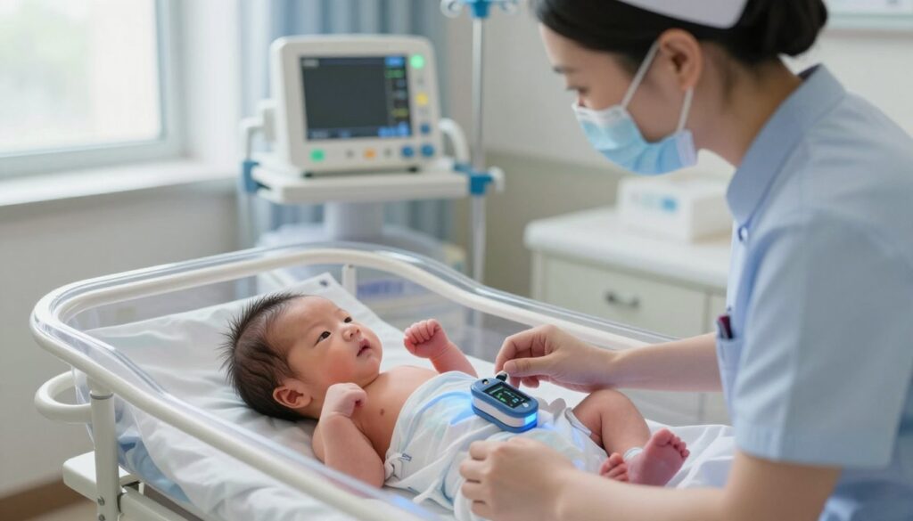 A serene hospital environment featuring a newborn in a pediatric ward. In the foreground, focus on a delicate baby gently resting in a transparent incubator with a soft blue light highlighting their tiny hands and face. An attentive, compassionate nurse in professional attire observes the baby, monitoring a small pulse oximeter attached to the baby's foot, indicating low oxygen saturation levels. In the background, medical equipment like monitors and IV stands are softly blurred, enhancing the focus on the infant. Soft, natural daylight filters through the window, creating a calm and nurturing atmosphere. The image conveys a sense of care and vigilance, emphasizing the importance of monitoring a newborn’s health. A serene hospital environment featuring a newborn in a pediatric ward. In the foreground, focus on a delicate baby gently resting in a transparent incubator with a soft blue light highlighting their tiny hands and face. An attentive, compassionate nurse in professional attire observes the baby, monitoring a small pulse oximeter attached to the baby's foot, indicating low oxygen saturation levels. In the background, medical equipment like monitors and IV stands are softly blurred, enhancing the focus on the infant. Soft, natural daylight filters through the window, creating a calm and nurturing atmosphere. The image conveys a sense of care and vigilance, emphasizing the importance of monitoring a newborn’s health.