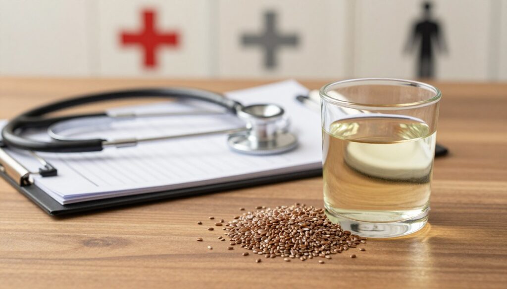 A serene, informative composition showcasing the concept of flaxseed contraindications. In the foreground, a clear glass of flaxseed oil sits alongside whole flaxseeds, arranged neatly on a polished wooden table. The middle layer features a stethoscope and an open prescription pad, symbolizing health and wellness concerns. In the background, softly blurred, are medical icons such as a cross and a human silhouette, representing caution and health risks. The lighting is warm and soft, creating an inviting atmosphere that conveys seriousness without fear. The viewpoint is slightly elevated, giving a professional yet approachable perspective. This image embodies the themes of health safety and consciousness regarding flaxseeds and their possible interactions.