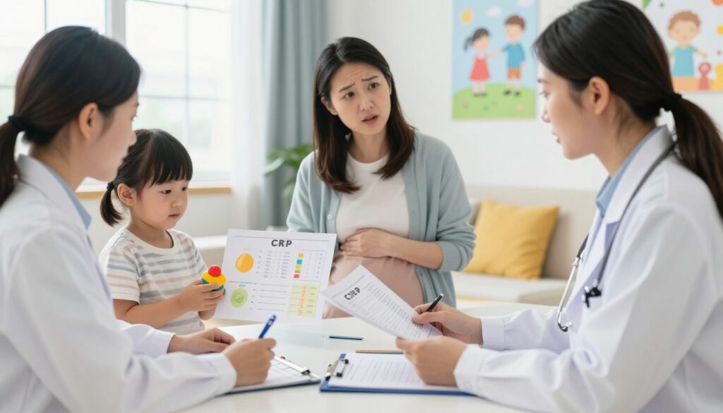 A serene medical consultation scene in a well-lit pediatric clinic. In the foreground, a medical professional, a woman in a white lab coat, sits at a desk, analyzing charts and CRP test results, with a focused expression. Next to her, a young child, around five years old, appears attentive, holding a toy while looking at a colorful chart illustrating healthy and elevated CRP levels. In the middle ground, a pregnant woman, dressed in modest casual clothing, talks to the doctor, conveying curiosity and concern. The background features bright, inviting artwork related to children's health, creating a supportive atmosphere. Soft, natural lighting filters through large windows, emphasizing trust and care in the environment. A serene medical consultation scene in a well-lit pediatric clinic. In the foreground, a medical professional, a woman in a white lab coat, sits at a desk, analyzing charts and CRP test results, with a focused expression. Next to her, a young child, around five years old, appears attentive, holding a toy while looking at a colorful chart illustrating healthy and elevated CRP levels. In the middle ground, a pregnant woman, dressed in modest casual clothing, talks to the doctor, conveying curiosity and concern. The background features bright, inviting artwork related to children's health, creating a supportive atmosphere. Soft, natural lighting filters through large windows, emphasizing trust and care in the environment.
