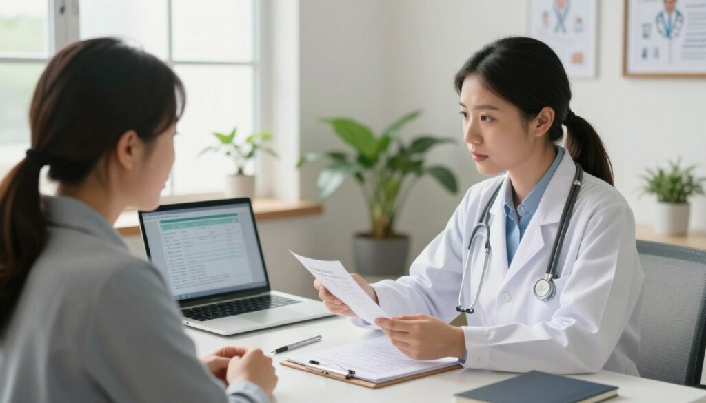A serene medical consultation scene set in a bright, modern doctor's office. In the foreground, a healthcare professional, dressed in a smart business attire, attentively discusses lab results with a patient, who appears engaged and curious. The middle ground features a neatly arranged desk with medical charts, a laptop displaying a CRP test result, and a notepad with scribbled notes. In the background, a large window lets in soft, natural light, illuminating potted plants and medical diplomas on the wall, creating a calm and professional atmosphere. The lighting is warm, with a slight focus on the interaction between the doctor and patient, evoking a sense of trust and thorough communication. The overall mood is reassuring and informative, highlighting the importance of further medical consultation when interpreting low CRP levels.
