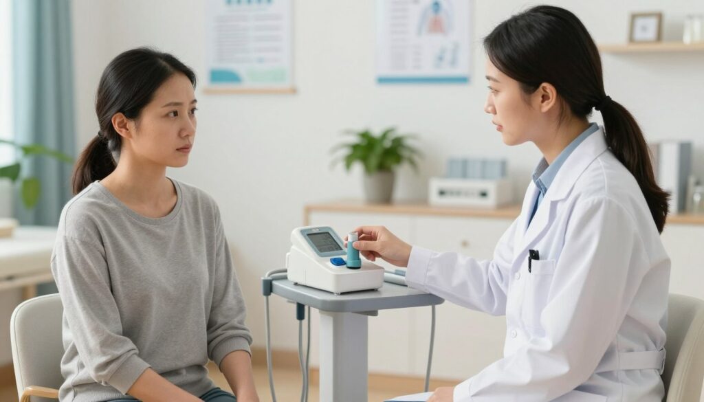 A serene medical consultation setting focused on treating dyspnea related to lung issues. In the foreground, a healthcare professional in a crisp white coat attentively examines a patient sitting in a comfortable chair, both appearing calm and professional. The middle ground features a sleek medical apparatus like a pulse oximeter and inhaler, symbolizing treatment methods for improved breathing. The background showcases a softly-lit room with calming colors, depicting medical charts and a potted plant for a soothing atmosphere. The light is bright but soft, casting gentle shadows to create a welcoming ambiance, while capturing a moment of support and reassurance, emphasizing methods for improving respiratory comfort. A serene medical consultation setting focused on treating dyspnea related to lung issues. In the foreground, a healthcare professional in a crisp white coat attentively examines a patient sitting in a comfortable chair, both appearing calm and professional. The middle ground features a sleek medical apparatus like a pulse oximeter and inhaler, symbolizing treatment methods for improved breathing. The background showcases a softly-lit room with calming colors, depicting medical charts and a potted plant for a soothing atmosphere. The light is bright but soft, casting gentle shadows to create a welcoming ambiance, while capturing a moment of support and reassurance, emphasizing methods for improving respiratory comfort.