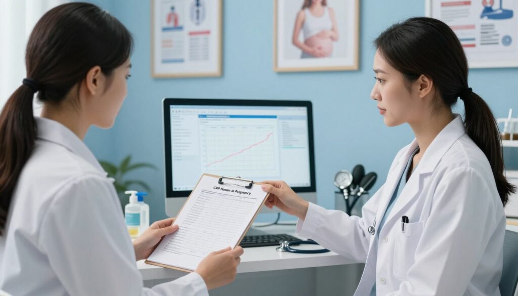 A serene medical office setting, emphasizing a clean and professional atmosphere with soft, natural lighting. In the foreground, a confident female healthcare professional wearing a white lab coat and modest attire examines a chart displaying "CRP Norms in Pregnancy," with clear visual indicators for normal values. In the middle, a computer screen shows graphical data about CRP levels, surrounded by medical instruments like a stethoscope and sphygmomanometer. The background features calming blue walls adorned with framed medical posters on maternal health, creating a sense of trust and professionalism. The composition suggests an informative and supportive environment, conducive to discussions about health and pregnancy. A serene medical office setting, emphasizing a clean and professional atmosphere with soft, natural lighting. In the foreground, a confident female healthcare professional wearing a white lab coat and modest attire examines a chart displaying "CRP Norms in Pregnancy," with clear visual indicators for normal values. In the middle, a computer screen shows graphical data about CRP levels, surrounded by medical instruments like a stethoscope and sphygmomanometer. The background features calming blue walls adorned with framed medical posters on maternal health, creating a sense of trust and professionalism. The composition suggests an informative and supportive environment, conducive to discussions about health and pregnancy.