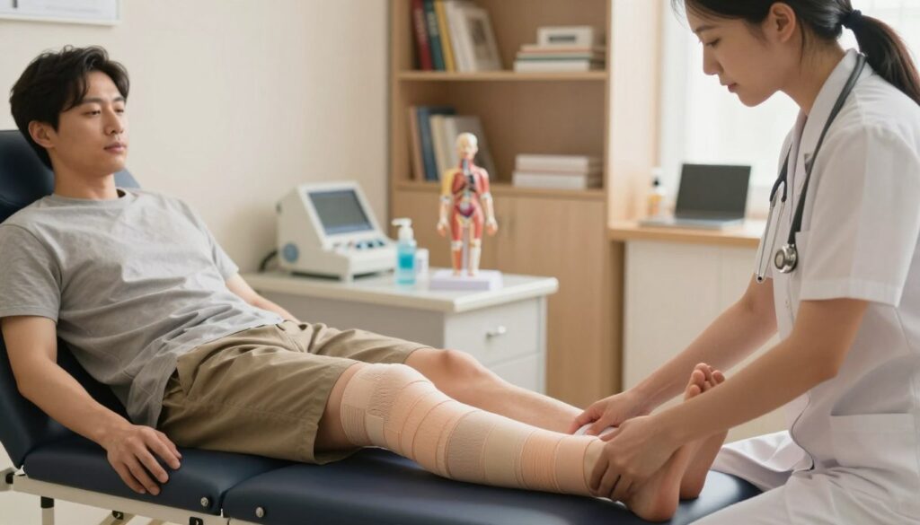 A serene medical setting showcasing the application of lower limb compression therapy. In the foreground, a healthcare professional in professional attire is gently wrapping a patient's leg with a compression bandage, demonstrating the procedure's technique. The patient, wearing modest, casual clothing, is seated comfortably in a clinical chair, looking relaxed and attentive. In the middle ground, various medical supplies and an anatomical model of the leg can be seen, emphasizing the therapy's purpose. The background features soft, warm lighting that creates a calming atmosphere, with shelves filled with medical books and equipment. The composition should convey professionalism and hope, with a focus on healing and care.