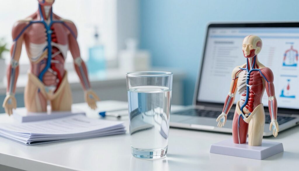 A serene, medical-themed composition showcasing the importance of hydration in health, specifically for blood circulation. In the foreground, a glass of clear water sits next to an anatomical model of the human vascular system, highlighting blood flow and hydration. In the middle ground, a soft-focus depiction of a well-organized workspace featuring medical textbooks and a laptop displaying hydration charts. The background is subtly lit with a calming blue hue, reminiscent of a clinical setting. Natural light filters in through a window, creating an inviting atmosphere. The focus is balanced to enhance the clarity of the water and anatomical model while maintaining a professional tone, ideal for an educational article. The overall mood is informative and reassuring, emphasizing health and well-being. A serene, medical-themed composition showcasing the importance of hydration in health, specifically for blood circulation. In the foreground, a glass of clear water sits next to an anatomical model of the human vascular system, highlighting blood flow and hydration. In the middle ground, a soft-focus depiction of a well-organized workspace featuring medical textbooks and a laptop displaying hydration charts. The background is subtly lit with a calming blue hue, reminiscent of a clinical setting. Natural light filters in through a window, creating an inviting atmosphere. The focus is balanced to enhance the clarity of the water and anatomical model while maintaining a professional tone, ideal for an educational article. The overall mood is informative and reassuring, emphasizing health and well-being.