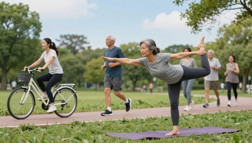 A serene outdoor scene depicting a diverse group of individuals engaging in various forms of physical activity to illustrate the theme of post-thrombosis lifestyle changes. In the foreground, a middle-aged woman in modest casual workout attire practices yoga, demonstrating balance and mindfulness. In the middle ground, an elderly man jogging along a park path, showing determination and vitality. To the left, a young woman bicycles energetically, embodying grace and mobility. The background features lush greenery and bright blue skies, creating a peaceful atmosphere. Soft, natural lighting enhances the overall mood of health and rejuvenation. The perspective is slightly elevated, capturing the dynamic interactions between the individuals and the environment, emphasizing a positive, active lifestyle. A serene outdoor scene depicting a diverse group of individuals engaging in various forms of physical activity to illustrate the theme of post-thrombosis lifestyle changes. In the foreground, a middle-aged woman in modest casual workout attire practices yoga, demonstrating balance and mindfulness. In the middle ground, an elderly man jogging along a park path, showing determination and vitality. To the left, a young woman bicycles energetically, embodying grace and mobility. The background features lush greenery and bright blue skies, creating a peaceful atmosphere. Soft, natural lighting enhances the overall mood of health and rejuvenation. The perspective is slightly elevated, capturing the dynamic interactions between the individuals and the environment, emphasizing a positive, active lifestyle.