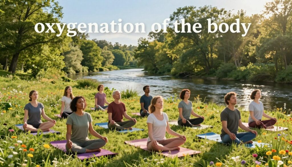 A serene outdoor scene depicting the concept of "oxygenation of the body," with a focus on natural healing methods. In the foreground, a diverse group of individuals in modest casual clothing engages in deep breathing exercises and yoga on a grassy meadow, surrounded by vibrant wildflowers. The middle ground showcases a tranquil river flowing gently, reflecting the sunlight. The background features lush green trees under a clear blue sky, emphasizing a sense of peace and rejuvenation. The lighting is soft and warm, suggesting early morning or late afternoon, casting gentle shadows. The overall atmosphere exudes calmness, health, and vitality, inviting viewers to connect with nature for enhanced well-being.