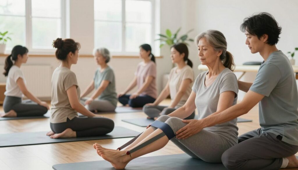 A serene rehabilitation setting focused on post-thrombotic care, featuring a diverse group of individuals engaged in supportive physical therapy activities. In the foreground, a middle-aged woman in professional casual attire is guided by a physiotherapist, demonstrating leg exercises using resistance bands. In the middle ground, another group of patients is practicing gentle yoga, all wearing modest clothing. The background showcases a bright, airy space with large windows allowing natural light to flood in, plants adding a touch of greenery. The atmosphere conveys hope and healing, emphasizing the importance of rehabilitation after a thrombosis episode, with warm, soft lighting enhancing the calm and encouraging ambiance. A serene rehabilitation setting focused on post-thrombotic care, featuring a diverse group of individuals engaged in supportive physical therapy activities. In the foreground, a middle-aged woman in professional casual attire is guided by a physiotherapist, demonstrating leg exercises using resistance bands. In the middle ground, another group of patients is practicing gentle yoga, all wearing modest clothing. The background showcases a bright, airy space with large windows allowing natural light to flood in, plants adding a touch of greenery. The atmosphere conveys hope and healing, emphasizing the importance of rehabilitation after a thrombosis episode, with warm, soft lighting enhancing the calm and encouraging ambiance.