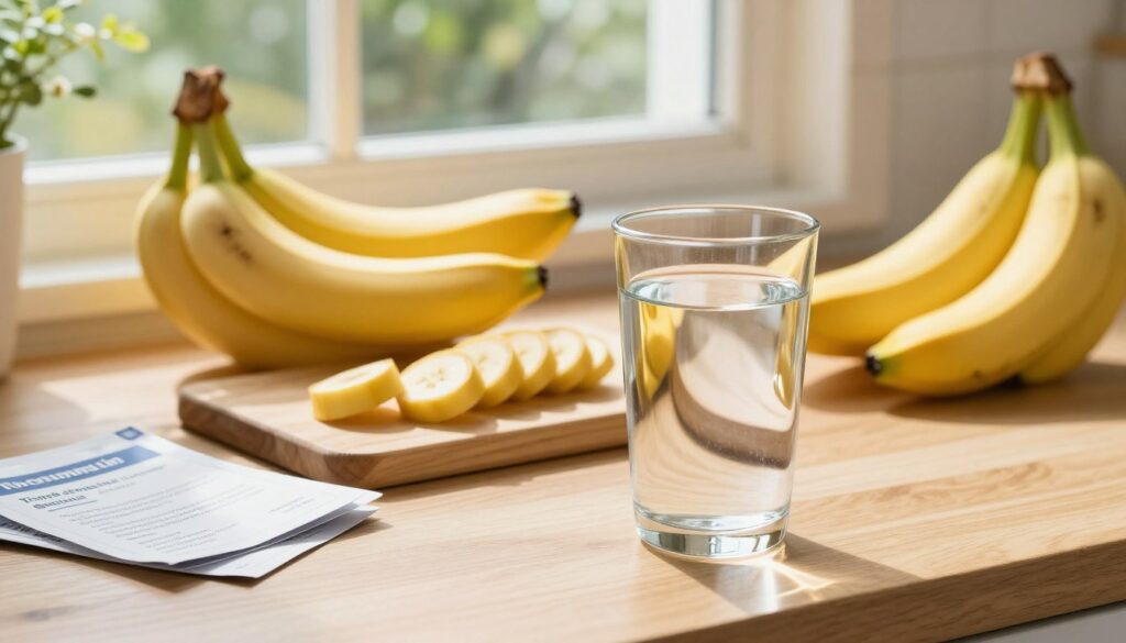 A serene, well-lit kitchen setting showcasing a variety of fresh bananas on a wooden countertop, emphasizing their vibrant yellow color. In the foreground, a glass of water filled to the brim reflects soft morning sunlight, symbolizing hydration. The middle ground features a cutting board with sliced bananas alongside medical pamphlets discussing blood health, subtly hinting at the connection between hydration and thrombus prevention. In the background, a window offers a glimpse of a green garden, creating a refreshing and calm environment. The overall atmosphere is warm and inviting, encouraging a healthy lifestyle, with soft lighting that highlights the textures of the bananas and the clarity of the water. The scene is focused and balanced, designed to promote wellness without any distractions.