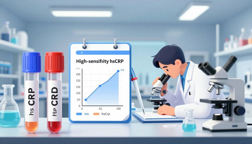 A split-screen illustration showing the differences between the standard CRP test and the high-sensitivity hsCRP test. In the foreground, depict two test tubes with colored liquids, labeled subtly with standard CRP and hsCRP. In the middle, include a detailed chart or graphic comparing their characteristics, such as sensitivity and specificity, surrounded by scientific instruments like pipettes and microscopes. The background should represent a modern laboratory setting, with bright fluorescent lighting casting a clean, clinical atmosphere. Subtle hints of a healthcare professional in a lab coat can be included, bent over the chart in thought, emphasizing professionalism and a focus on precise diagnostics. The overall mood should be analytical and informative, inviting viewers to learn more about CRP tests.
