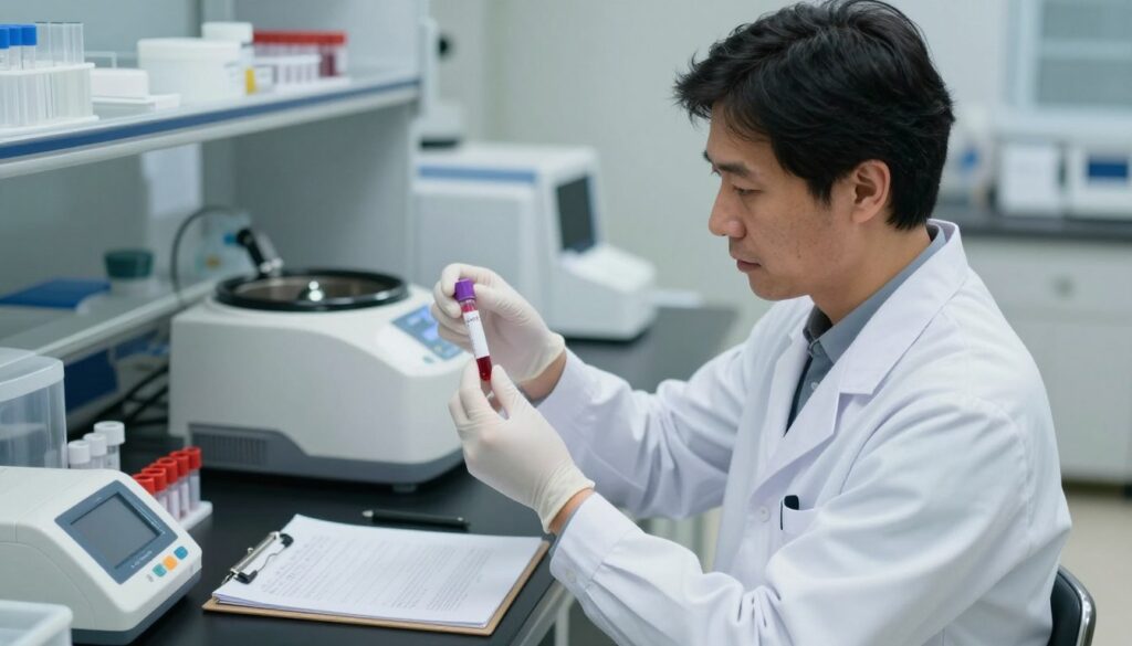 A sterile laboratory environment with a focus on a blood testing scene. In the foreground, a healthcare professional in a crisp white lab coat is preparing a blood sample for testing, holding a vial of blood. The middle background features a well-organized lab counter with various medical instruments, including a centrifuge and test tubes. Soft, diffused lighting highlights the professionalism of the setting, creating a calm and reassuring atmosphere. The scene is captured from a slightly elevated angle to show the healthcare worker's focused expression and the equipment clearly. Subtle details like a digital blood test machine or a clipboard with patient data add authenticity to the image, enhancing the informative and serious tone appropriate for medical discussions.
