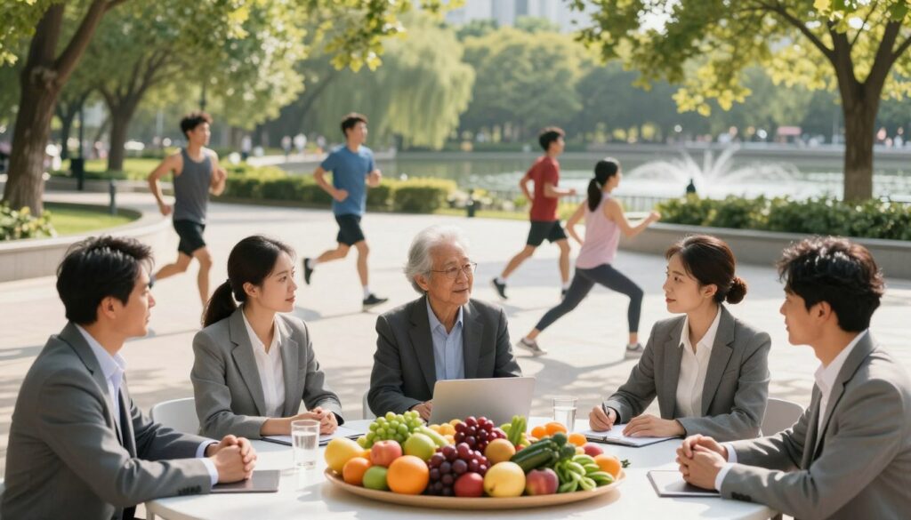 A tranquil scene depicting a vibrant, healthy lifestyle focused on vascular health. In the foreground, a diverse group of individuals, dressed in professional business attire, are engaged in a lively discussion while enjoying a variety of fresh fruits and vegetables laid out on a table. In the middle ground, a wide-open space is filled with people exercising—jogging, stretching, and practicing yoga, symbolizing physical activity. The background features a serene park setting with lush greenery and flowing water, evoking a sense of peace and well-being. Soft, dappled sunlight filters through the trees, casting gentle shadows, enhancing the uplifting atmosphere. Capture the essence of vitality and wellness, highlighting the importance of lifestyle changes for vascular health.