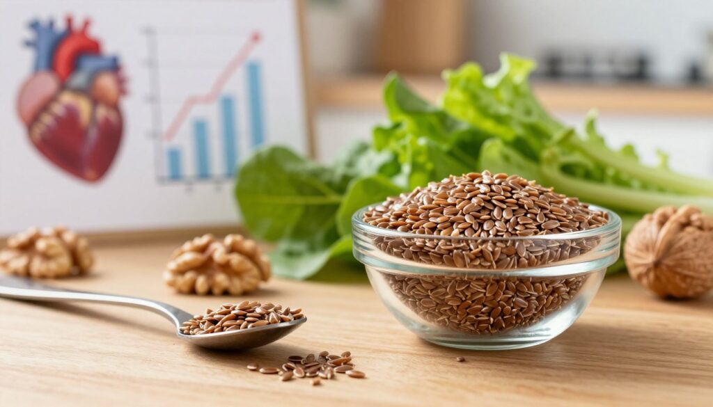 A vibrant and informative still life composition depicting the health benefits of dietary fiber and omega-3 fatty acids. In the foreground, a glass bowl filled with golden flaxseeds, their rich texture glistening under soft, natural light. Beside the bowl, a spoon rests, spilling a few seeds onto a polished wooden surface. In the middle ground, a few green leafy vegetables and walnuts emphasize the connection to heart health. In the background, a blurred image of a heart with a graph indicating cardiovascular health trends blends into a serene kitchen setting, illuminated by warm, inviting light to create an atmosphere of health and wellness. The composition is balanced and harmonious, suitable for educational content, with a shallow depth of field focusing on the flaxseeds while softening the background elements.