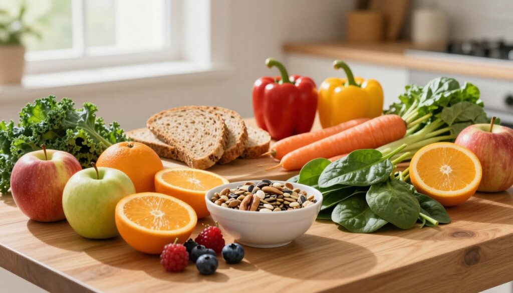 A vibrant and inviting kitchen scene, showcasing a variety of recommended foods for a healthy daily diet. In the foreground, a beautifully arranged wooden table features colorful fruits such as apples, oranges, and berries, alongside leafy greens like kale and spinach. A bowl of nuts and seeds adds texture and contrast. In the middle, a set of whole grain breads and colorful vegetables like bell peppers and carrots are artfully placed to suggest balanced meals. The background hints at a sunlit window, with soft natural light cascading through, creating a warm and inviting atmosphere. The image should evoke feelings of health and vitality, with a focus on nutritious eating habits.