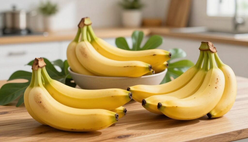 A vibrant still life composition featuring ripe bananas gracefully arranged on a wooden table, symbolizing health and nutrition. In the foreground, focus on the bananas with their bright yellow skin, some with slight brown speckles, indicating ripeness. In the middle ground, include a bowl of fresh bananas surrounded by leafy green elements, suggesting a connection to nature. The background softly blurs into an inviting kitchen environment with warm, natural light streaming in, creating a cozy atmosphere. The overall mood is one of wellness and balance, suitable for a discussion on dietary choices. Use a shallow depth of field to emphasize the bananas while maintaining a gentle, homey feel to the setting.