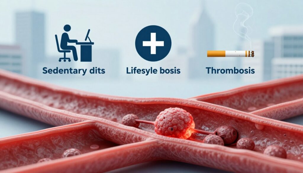 A visually engaging composition depicting various risk factors for thrombosis. In the foreground, an anatomical illustration of a blood vessel with a highlighted clot, showcasing the elements of thrombosis. In the middle ground, include symbols representing lifestyle factors such as sedentary behavior (a figure sitting at a desk) and smoking (a cigarette with smoke). In the background, a blurred cityscape to suggest urban living as a contributing factor. The lighting is soft and clinical, with a focus on the anatomical details, using a macro lens to enhance textures. The atmosphere conveys a sense of caution and awareness, suitable for a medical article. A visually engaging composition depicting various risk factors for thrombosis. In the foreground, an anatomical illustration of a blood vessel with a highlighted clot, showcasing the elements of thrombosis. In the middle ground, include symbols representing lifestyle factors such as sedentary behavior (a figure sitting at a desk) and smoking (a cigarette with smoke). In the background, a blurred cityscape to suggest urban living as a contributing factor. The lighting is soft and clinical, with a focus on the anatomical details, using a macro lens to enhance textures. The atmosphere conveys a sense of caution and awareness, suitable for a medical article.