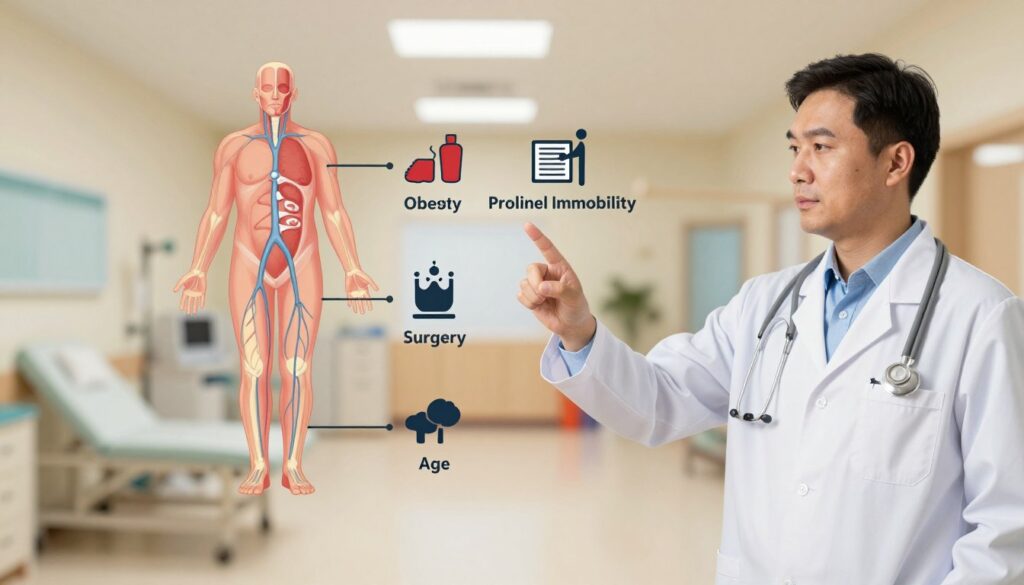 A visually engaging illustration representing the common causes and risk factors of calf venous thrombosis. In the foreground, a medical professional in a lab coat points to an anatomical diagram of a human leg displaying veins. In the middle, infographics illustrate key risk factors such as obesity, prolonged immobility, surgery, and age, with icons symbolizing each factor. The background features a softly blurred hospital or clinic setting with warm, inviting lighting that conveys a sense of professionalism and care. The atmosphere is informative and educational, designed to clearly convey the significance of understanding these risk factors. Focus on a clean composition with notations enhancing the medical context without any text overlays or distractions. A visually engaging illustration representing the common causes and risk factors of calf venous thrombosis. In the foreground, a medical professional in a lab coat points to an anatomical diagram of a human leg displaying veins. In the middle, infographics illustrate key risk factors such as obesity, prolonged immobility, surgery, and age, with icons symbolizing each factor. The background features a softly blurred hospital or clinic setting with warm, inviting lighting that conveys a sense of professionalism and care. The atmosphere is informative and educational, designed to clearly convey the significance of understanding these risk factors. Focus on a clean composition with notations enhancing the medical context without any text overlays or distractions.