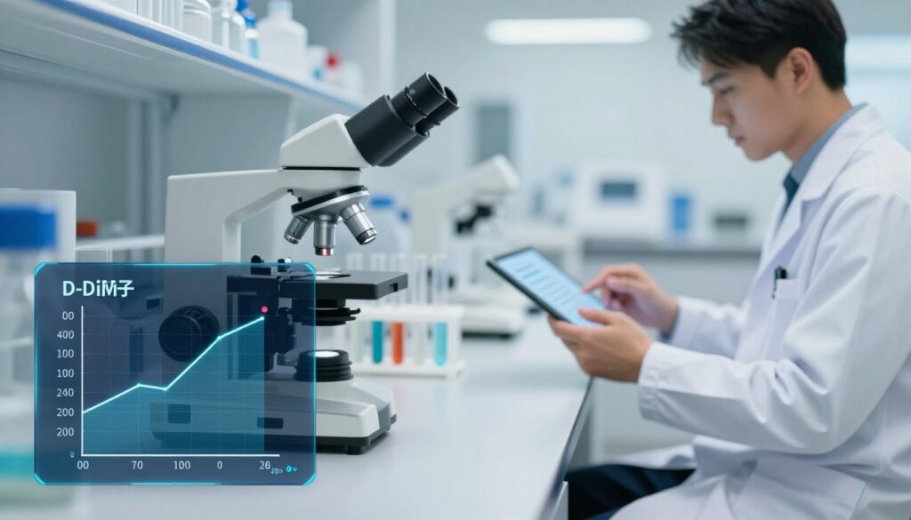 A visually engaging scientific illustration depicting elevated D-dimer levels in a clinical context. In the foreground, a digital representation of a D-dimer test result is displayed, featuring a prominent graph with numerical values indicating increased levels. In the middle ground, laboratory equipment such as a microscope and test tubes are arranged neatly on a modern lab bench, hinting at analysis and investigation. The background features a softly blurred image of a medical professional in a lab coat, analyzing results on a tablet, emphasizing a serious atmosphere of concern and diligence. The scene is well-lit with bright, clinical lighting, creating a sterile and focused environment. The overall mood is informative and professional, suitable for an educational setting. A visually engaging scientific illustration depicting elevated D-dimer levels in a clinical context. In the foreground, a digital representation of a D-dimer test result is displayed, featuring a prominent graph with numerical values indicating increased levels. In the middle ground, laboratory equipment such as a microscope and test tubes are arranged neatly on a modern lab bench, hinting at analysis and investigation. The background features a softly blurred image of a medical professional in a lab coat, analyzing results on a tablet, emphasizing a serious atmosphere of concern and diligence. The scene is well-lit with bright, clinical lighting, creating a sterile and focused environment. The overall mood is informative and professional, suitable for an educational setting.