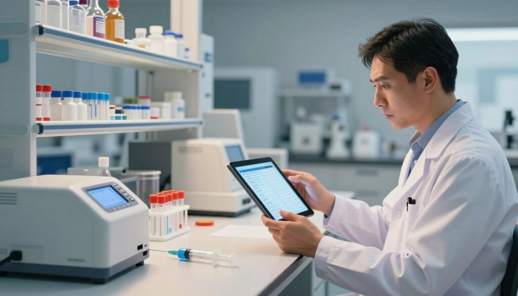 A visually striking and informative illustration depicting a laboratory setting focused on D-dimer testing. In the foreground, a well-organized laboratory table features clinical test tubes, a syringe, and a digital blood analysis machine. In the middle ground, a healthcare professional in a lab coat examines D-dimer test results on a tablet, their expression serious and focused. In the background, a high-tech laboratory with shelves of medical supplies and equipment, bathed in soft, warm, ambient lighting that casts gentle shadows. The overall mood conveys professionalism and clarity, emphasizing the importance of accurate D-dimer testing. The image should be sharp and detailed, with a focus on the laboratory elements and the healthcare professional's attentive demeanor.
