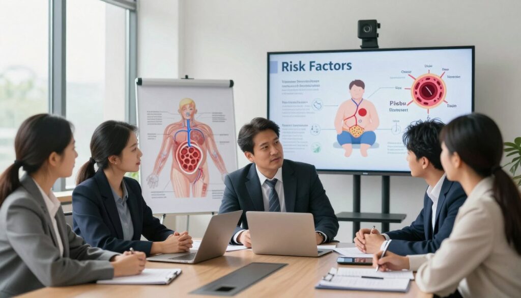 A visually striking representation of risk factors for venous thrombosis, featuring a medical theme. In the foreground, a diverse group of professionals dressed in business attire discusses health risks in a bright, modern office environment. They are engaged in conversation, with anatomical drawings and infographics about blood circulation and clotting displayed on a screen behind them. The middle ground includes a large chart illustrating various risk factors like obesity, prolonged sitting, and smoking with icons symbolizing each. The background features an open window with soft natural light flooding the room, creating a professional yet warm atmosphere. The angle is slightly elevated to encompass both the group and the educational elements clearly, conveying urgency and importance about recognizing these health risks.