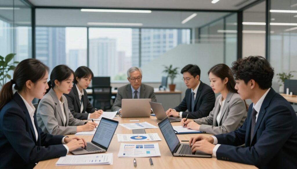 A well-organized and secure public administration office environment, showcasing professional staff engaged in a discussion surrounding safety procedures. In the foreground, a diverse group of individuals in business attire are analyzing documents and digital devices, reflecting a serious yet collaborative atmosphere. The middle ground features a large conference table with charts and safety protocol manuals clearly visible. The background includes glass walls with a modern design, facilitating a view of a city skyline outside, implying transparency and accessibility. Soft overhead lighting creates a focused and professional ambiance, while a slight depth of field blurs the distant cityscape, emphasizing the importance of the procedures at hand. A well-organized and secure public administration office environment, showcasing professional staff engaged in a discussion surrounding safety procedures. In the foreground, a diverse group of individuals in business attire are analyzing documents and digital devices, reflecting a serious yet collaborative atmosphere. The middle ground features a large conference table with charts and safety protocol manuals clearly visible. The background includes glass walls with a modern design, facilitating a view of a city skyline outside, implying transparency and accessibility. Soft overhead lighting creates a focused and professional ambiance, while a slight depth of field blurs the distant cityscape, emphasizing the importance of the procedures at hand.