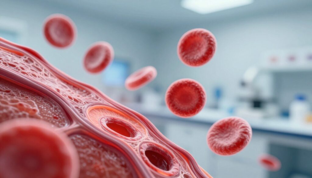 An abstract representation of acute inflammation in a medical context. In the foreground, a vivid close-up of inflamed tissue, displayed with rich red tones and textures, symbolizing the biological response. In the middle ground, there’s a subtle overlay of blood cells, emphasizing the immune response, rendered in soft focus to give depth. The background illustrates a blurred laboratory setting, hinting at clinical research with muted blues and whites. The lighting is bright but soft, creating a clinical atmosphere, reminiscent of a laboratory or medical facility. The angle is slightly tilted, adding a dynamic feel to the image, while maintaining a professional and informative mood throughout. An abstract representation of acute inflammation in a medical context. In the foreground, a vivid close-up of inflamed tissue, displayed with rich red tones and textures, symbolizing the biological response. In the middle ground, there’s a subtle overlay of blood cells, emphasizing the immune response, rendered in soft focus to give depth. The background illustrates a blurred laboratory setting, hinting at clinical research with muted blues and whites. The lighting is bright but soft, creating a clinical atmosphere, reminiscent of a laboratory or medical facility. The angle is slightly tilted, adding a dynamic feel to the image, while maintaining a professional and informative mood throughout.