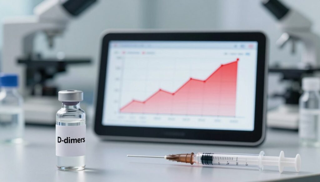 An informative and visually engaging representation of elevated D-dimer levels in a medical context. In the foreground, include a glass vial labeled with "D-dimers" and a syringe, subtly placed to suggest clinical testing. In the middle, portray a digital display or analytical report showcasing a graph with rising D-dimer levels, illustrated with vibrant red highlights to emphasize abnormal results. In the background, depict a well-organized laboratory setting with blurred medical equipment, adding a sense of environment while maintaining focus on the foreground elements. Utilize soft, diffused lighting to create a professional and clinical atmosphere, with a slight depth of field to enhance the image's focus on the D-dimer elements. Aim for a clean and modern aesthetic, avoiding any clutter to ensure clarity. An informative and visually engaging representation of elevated D-dimer levels in a medical context. In the foreground, include a glass vial labeled with "D-dimers" and a syringe, subtly placed to suggest clinical testing. In the middle, portray a digital display or analytical report showcasing a graph with rising D-dimer levels, illustrated with vibrant red highlights to emphasize abnormal results. In the background, depict a well-organized laboratory setting with blurred medical equipment, adding a sense of environment while maintaining focus on the foreground elements. Utilize soft, diffused lighting to create a professional and clinical atmosphere, with a slight depth of field to enhance the image's focus on the D-dimer elements. Aim for a clean and modern aesthetic, avoiding any clutter to ensure clarity.